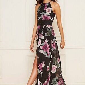 🆕️ *NWT* Le Chateau Floral Halter Maxi‎ Dress Black Purple Pink Sleeveless S